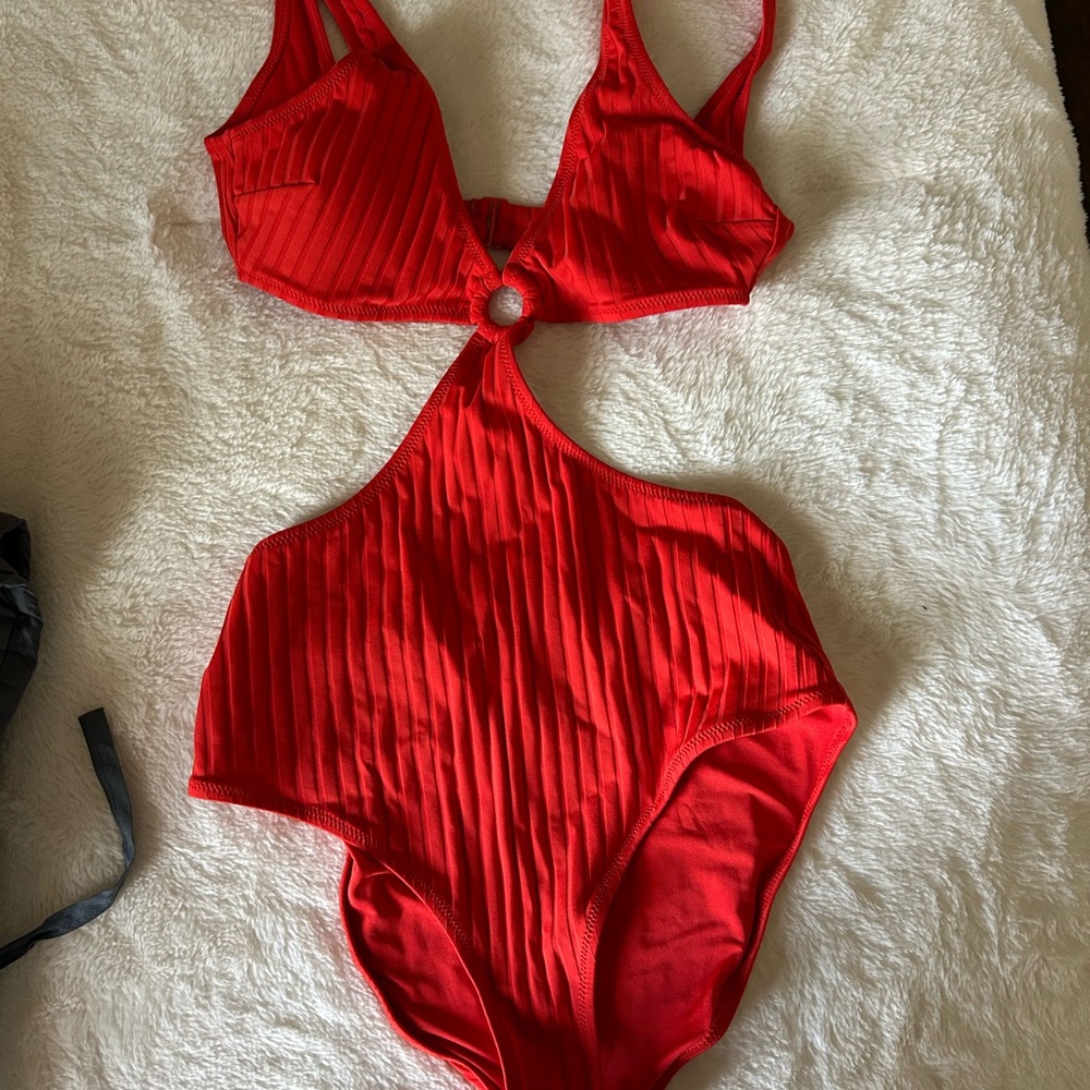 Aerie Red Ribbed One Piece Swimsuit with Cut-Out Design